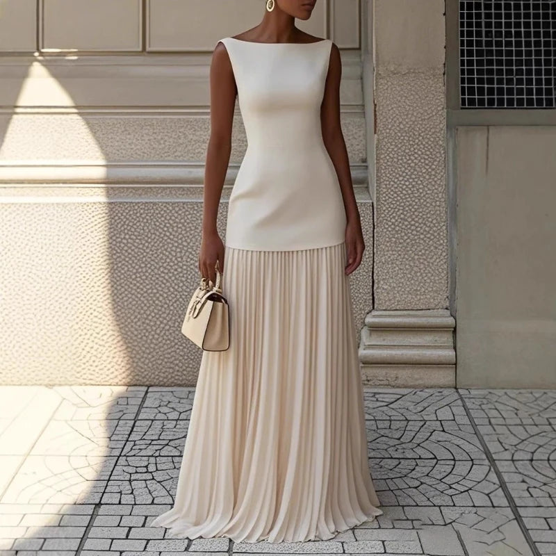 Elegant Women's Two-Piece Pleated Dress Set With Vest Overskirt