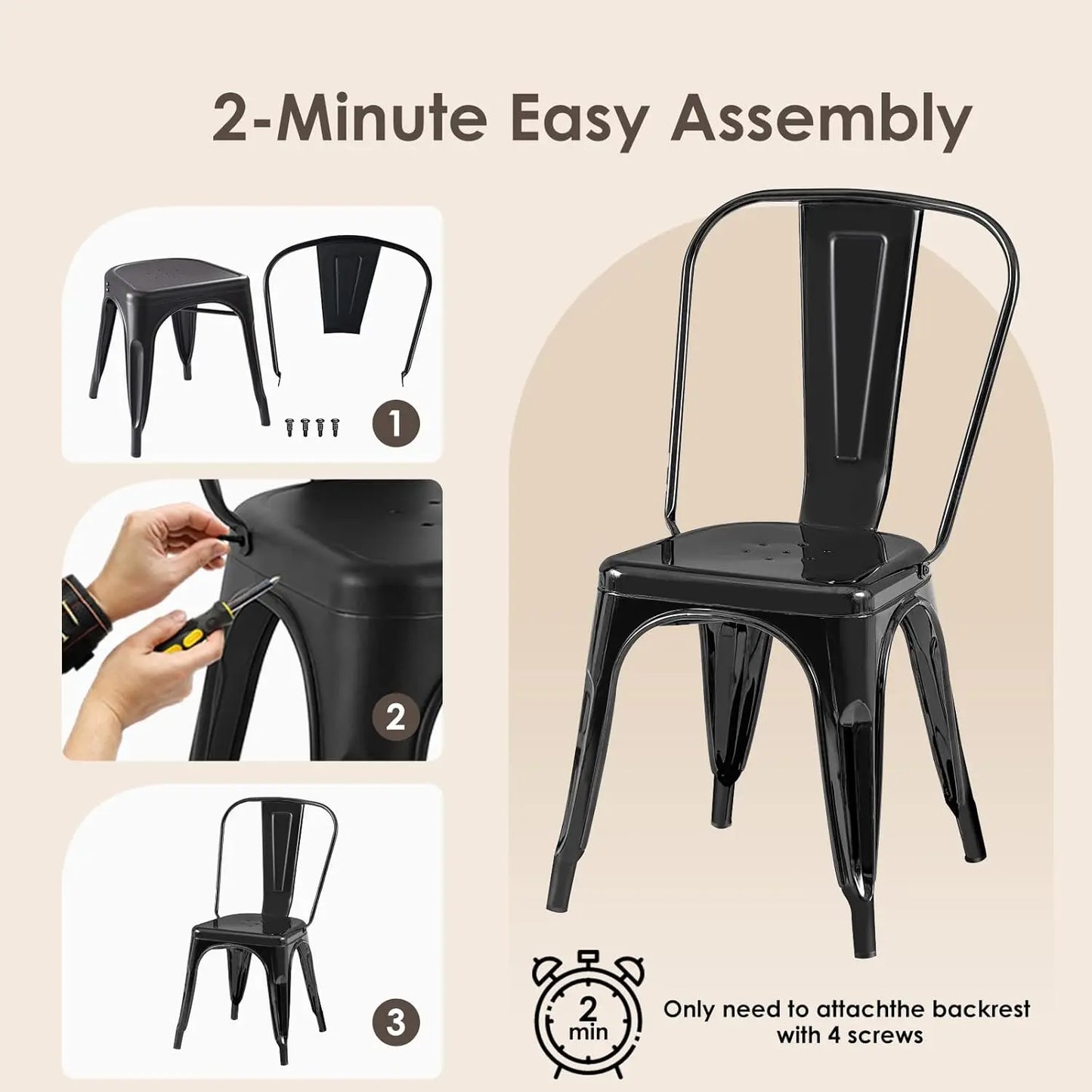 Industrial Metal Dining Chairs Set Of 8 Stackable High Back