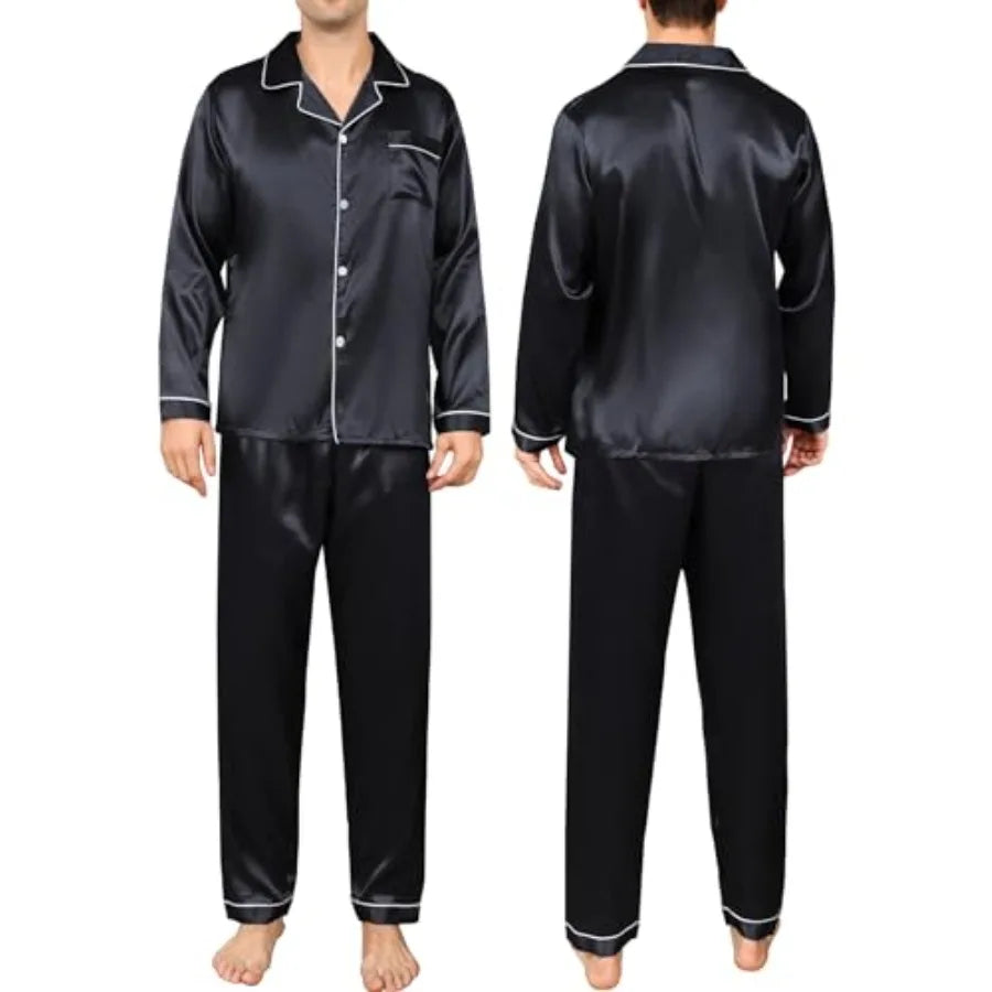 Satin Silky Men's Pajama Set With Long Sleeve And Pockets