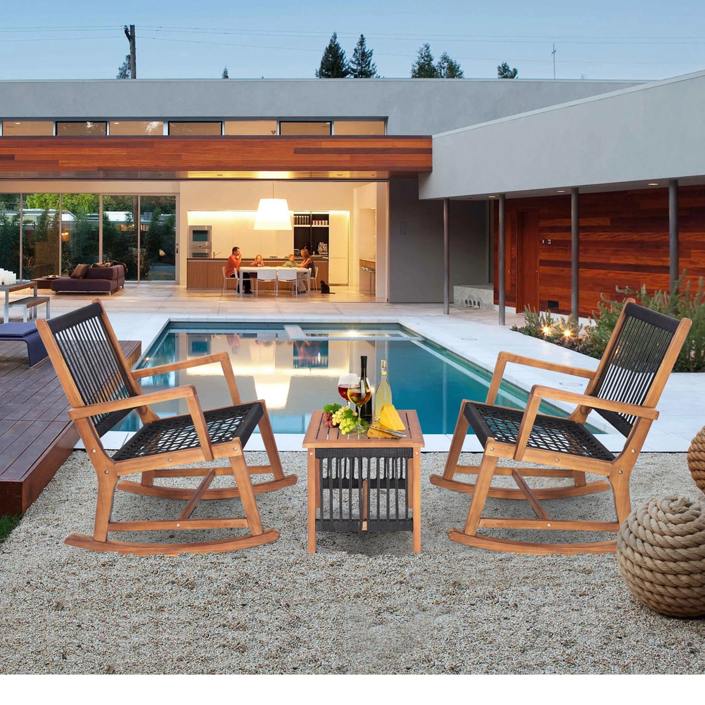 HOMASIS Patio Acacia Wood Bistro Table and Rocking Chair Set