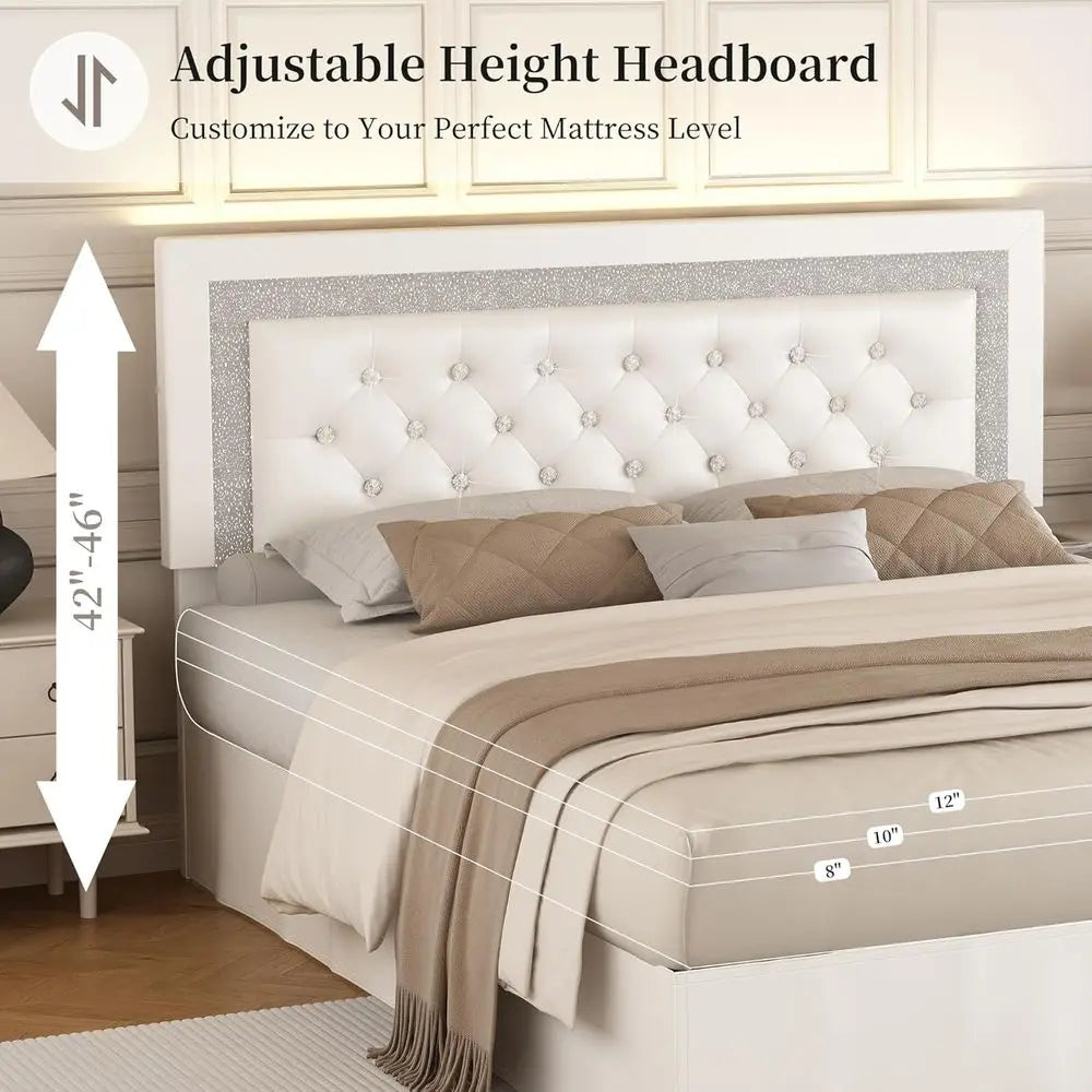 Upholstered Queen Bed Frame With Adjustable Headboard And LED Lights