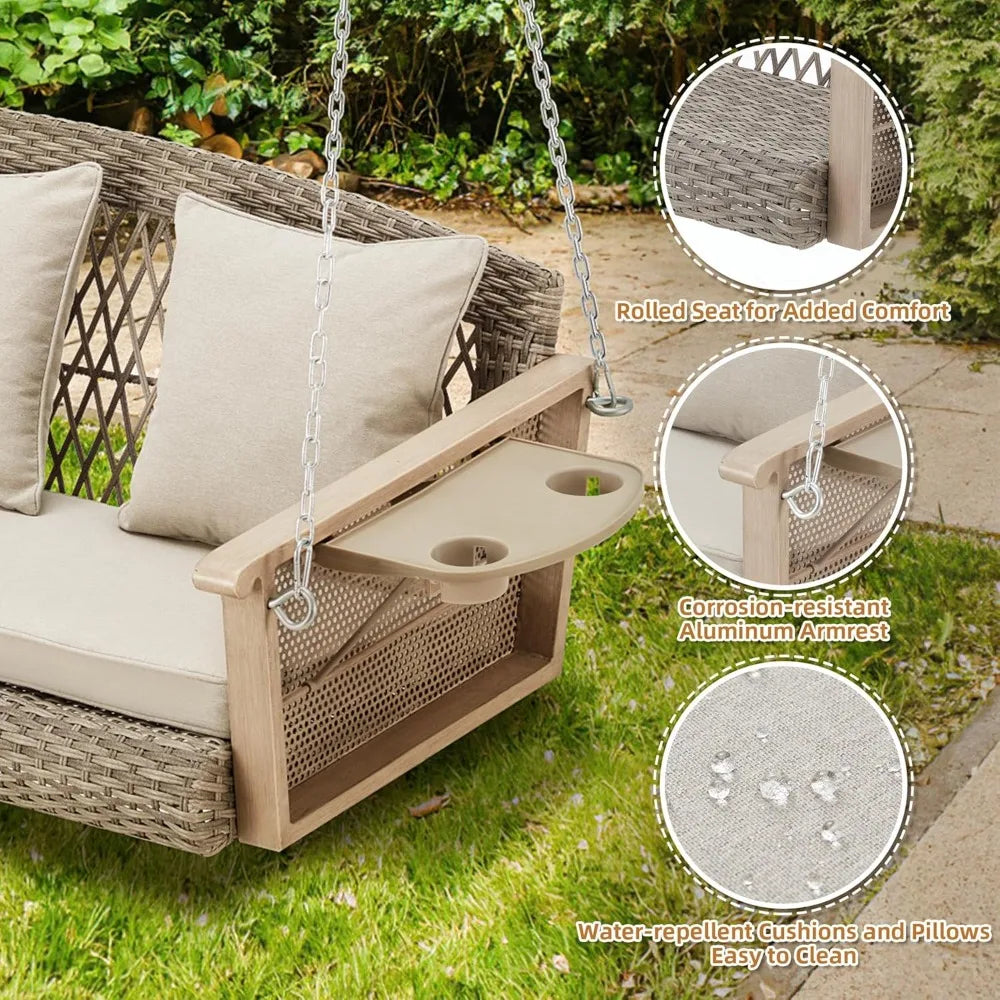 Three Person Wicker Porch Swing With Upgraded Cup Holder Cushions