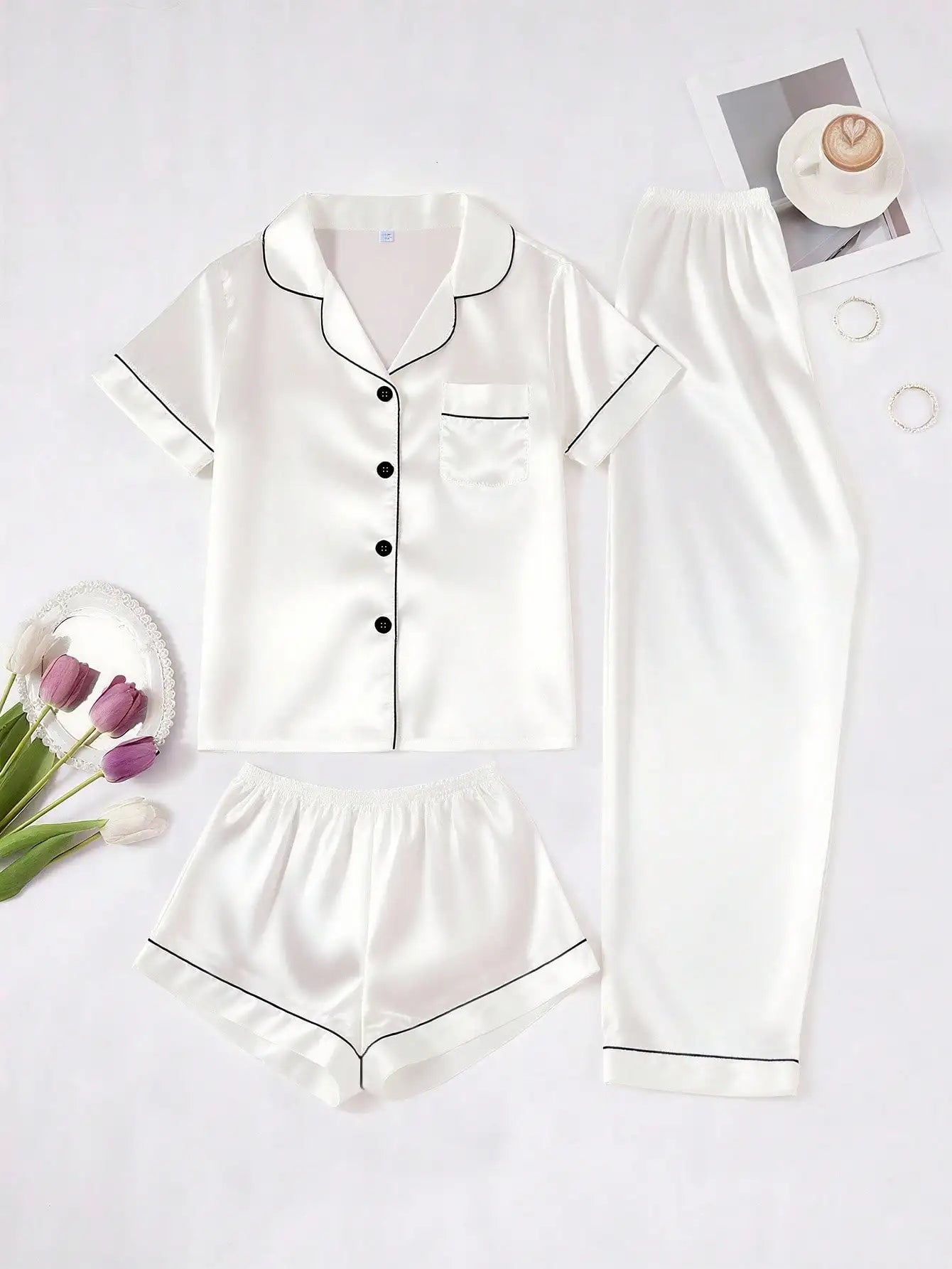 Faux Silk Pajama Set For Women Button-Down Top And Pants
