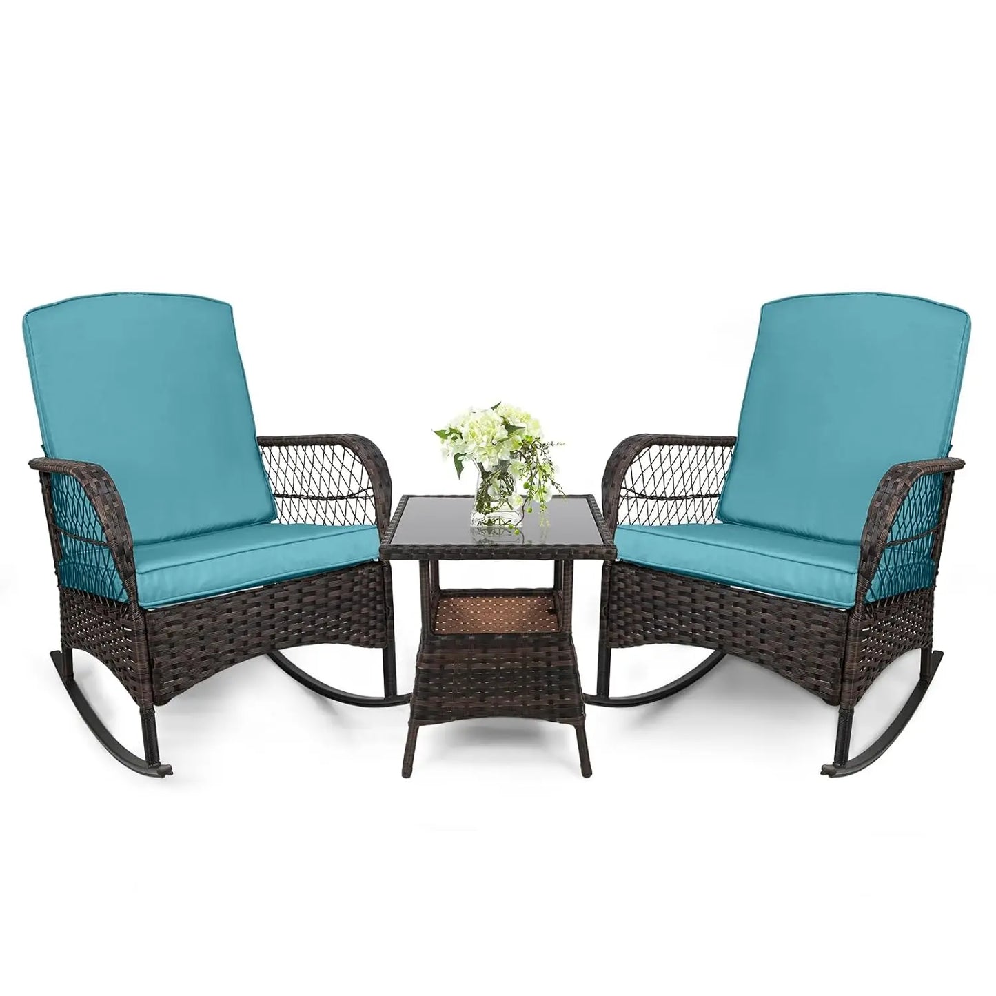 Outdoor Rocking Bistro Set With Glass Table PE Wicker 3-Piece