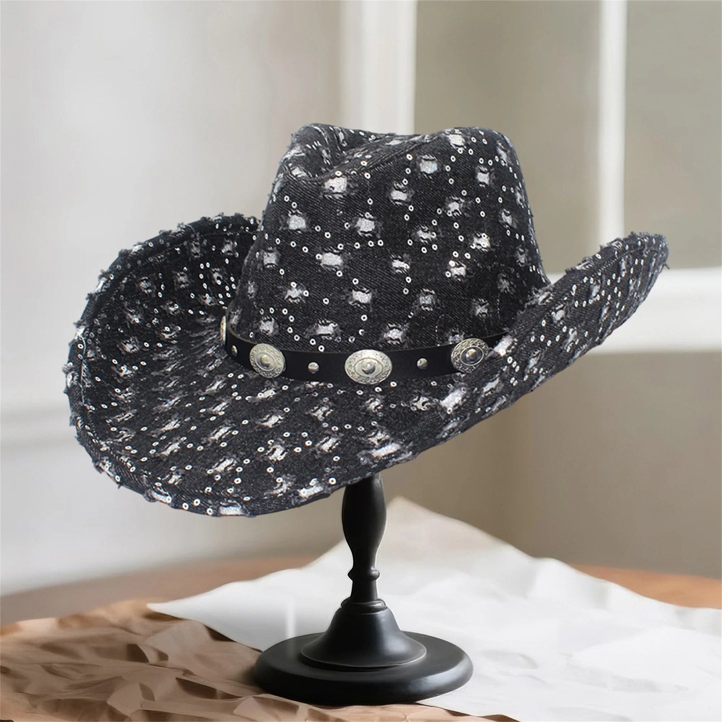 NONECN Vintage Distressed Cowboy Hat With Concho Band