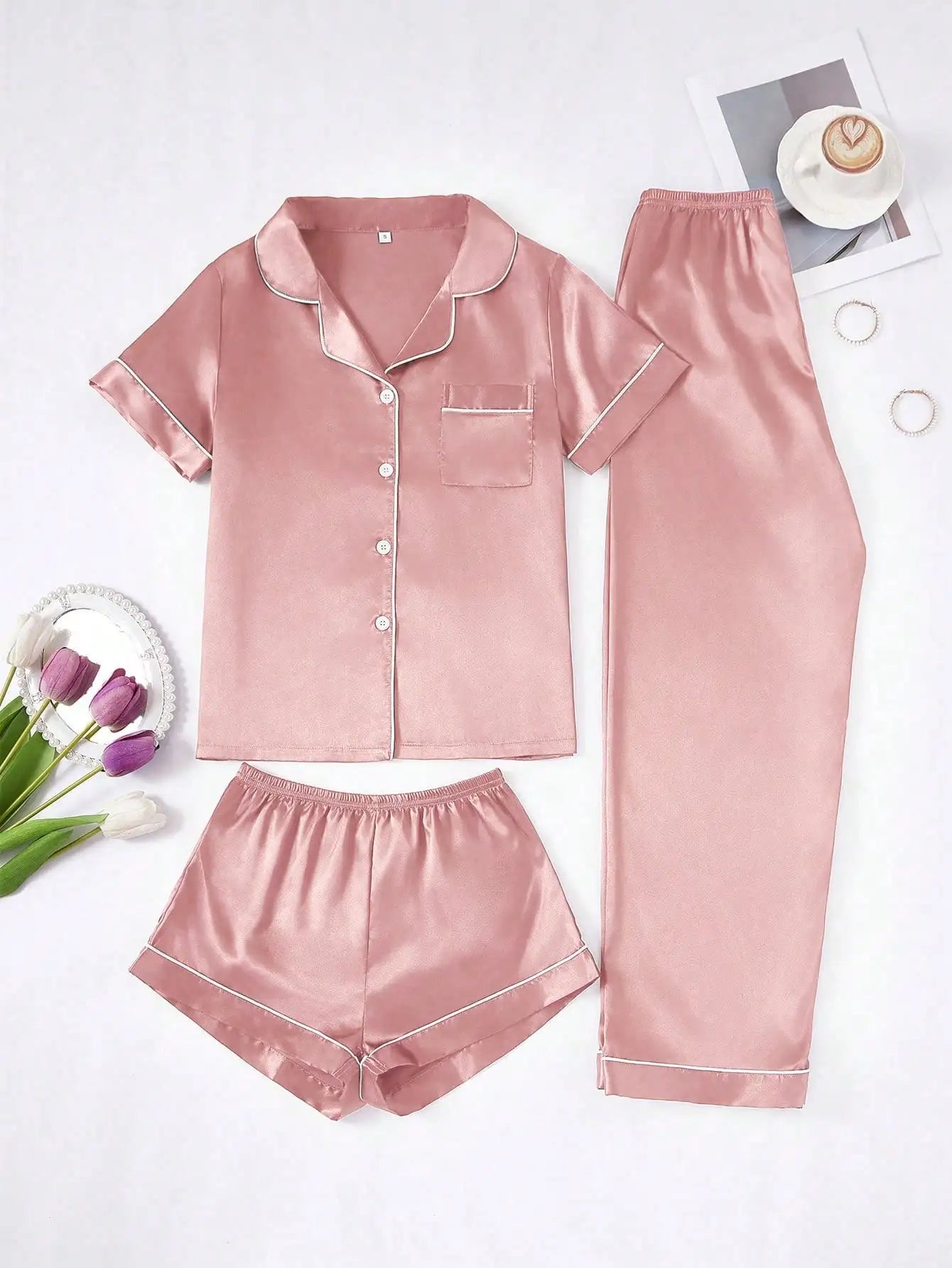 Faux Silk Pajama Set For Women Button-Down Top And Pants