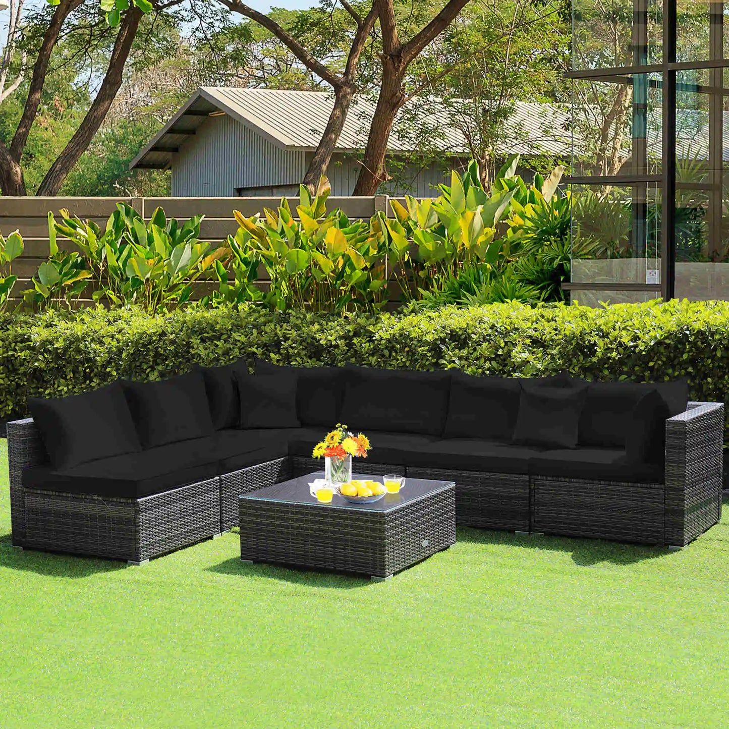 HOMASIS 7 Piece Patio Rattan Furniture Set Cushioned Sofa