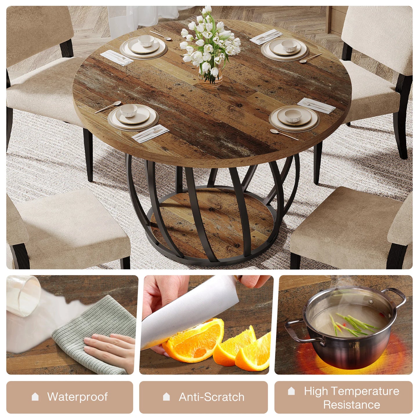 Tribesigns Round Wood Dining Table With Sturdy Metal Base