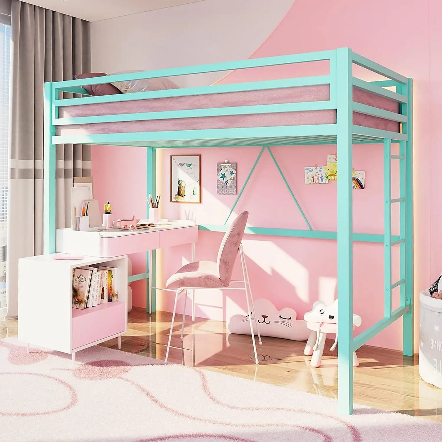 HUANZHUANG Metal Loft Bed With Safety Guardrail And Ladder