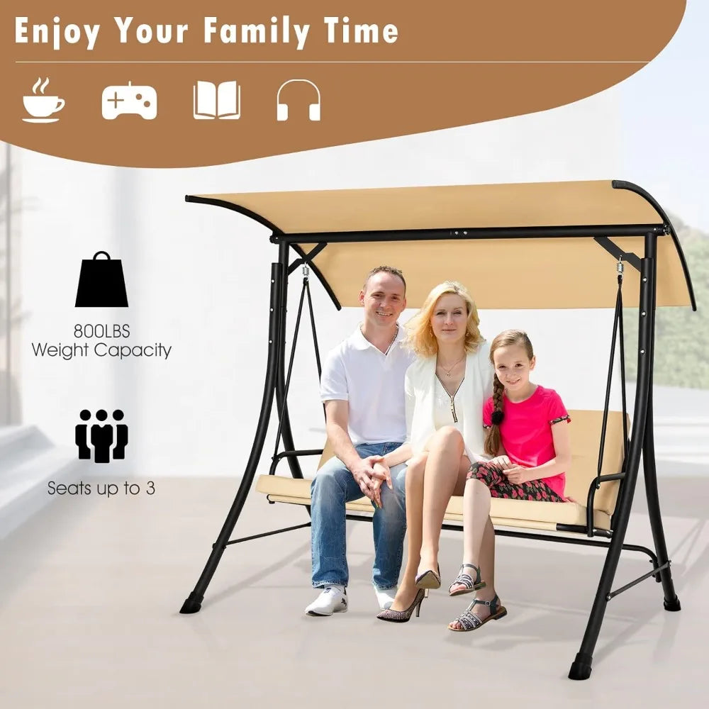 3 Seater Porch Swing With Removable Cushions And Canopy