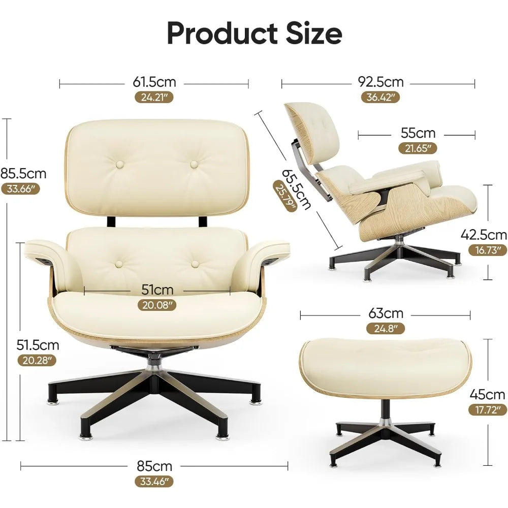 ZHUXIANG Grain Leather Mid Century Chaise Lounge Chair And Ottoman Ash Wood Base