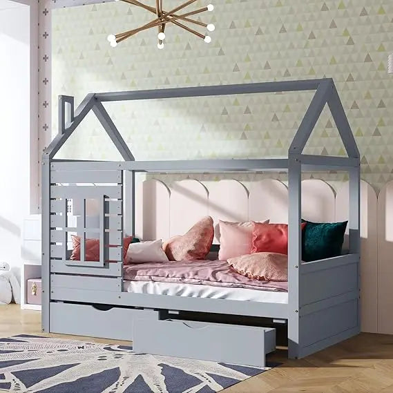 MKDK Kid House Bed Frame With Window And Roof With 2 Drawers