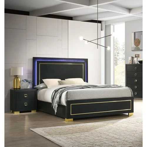 Queen Bedroom Set With Bed And Nightstands Black Gold Accents