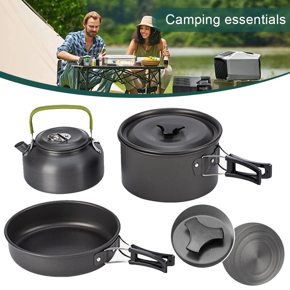 Outdoor Camping Cookware Set 3-Piece Pot Pan Kettle Kit