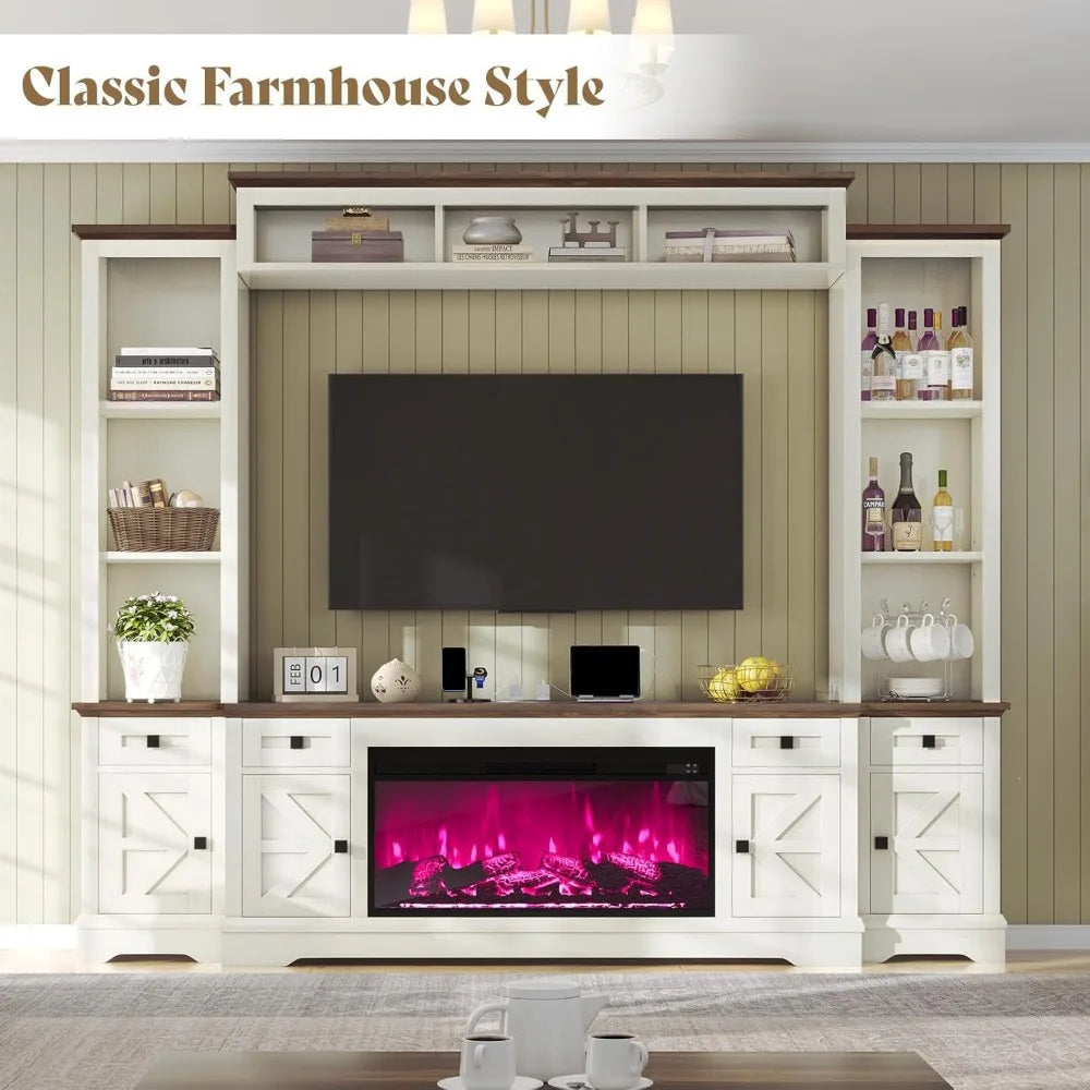 Farmhouse Entertainment Center With Fireplace TV Stand Bookshelf Wine Cabinet