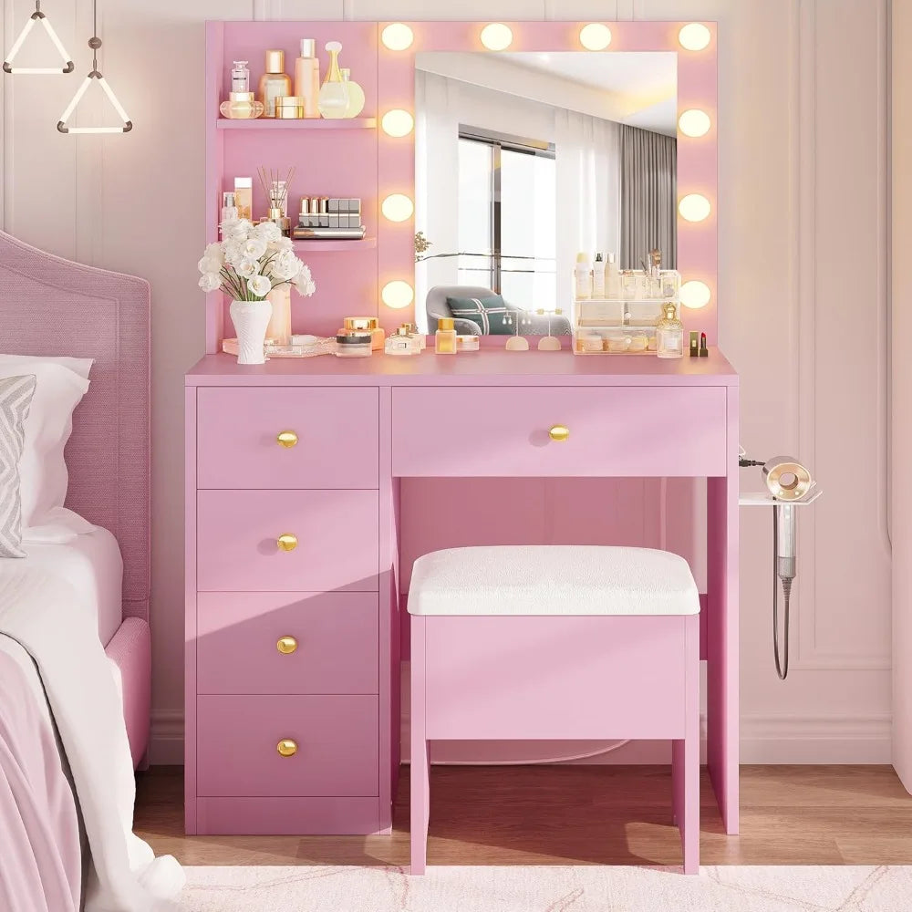 ZHUOTING Vanity Desk With Mirror And Lights 5 Drawers