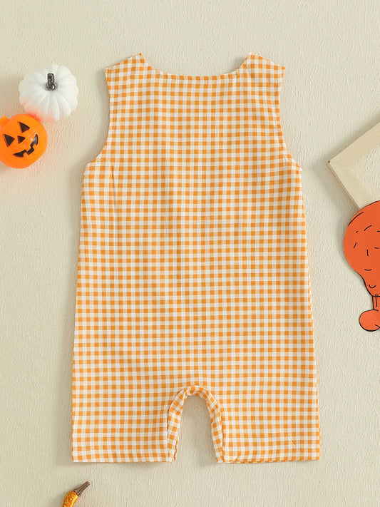NONECN Thanksgiving Plaid Baby Bodysuit With Turkey And Pumpkin Embroidery