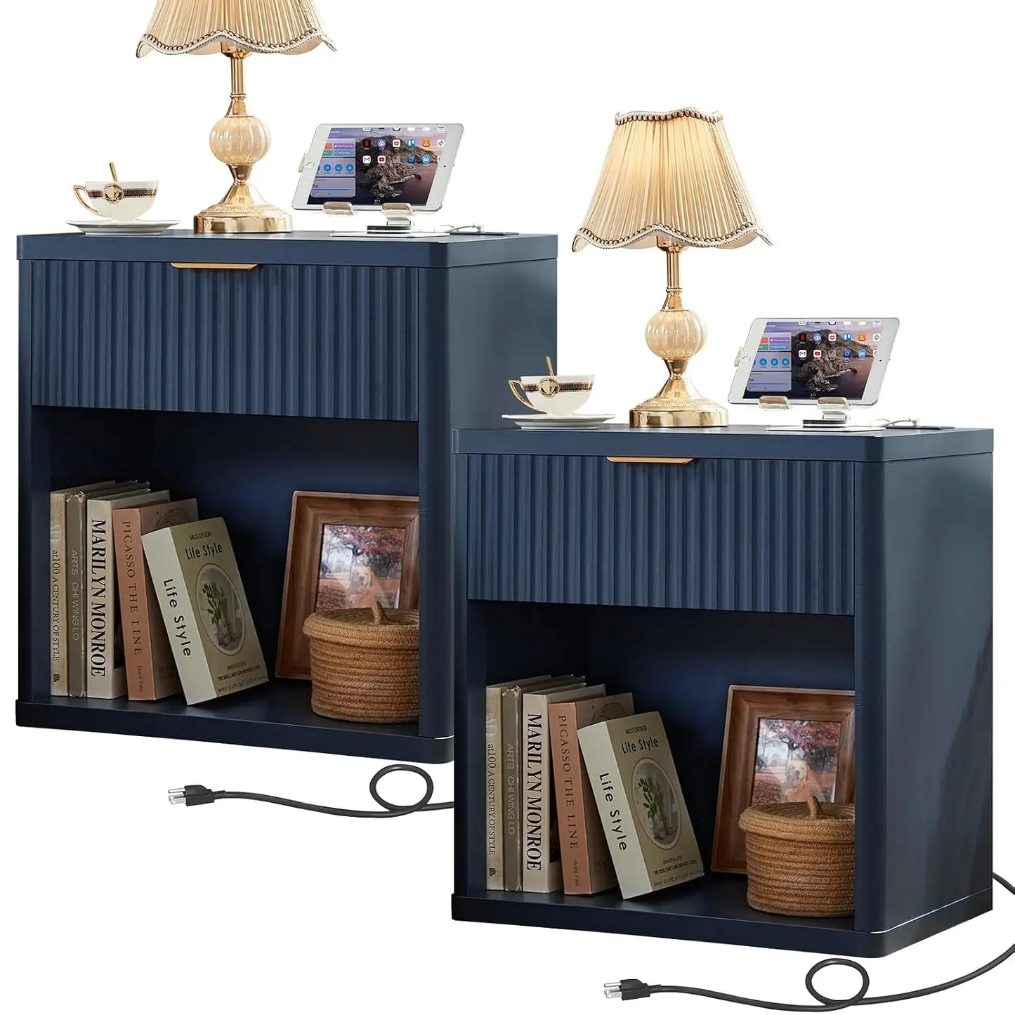 Fluted Farmhouse Nightstand Set Of 2 With Charging Station