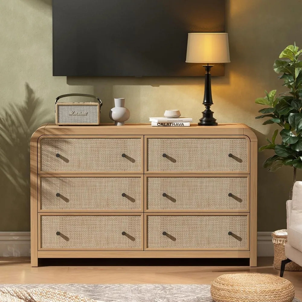 TIFICY Boho Rattan 6 Drawer Dresser For Bedroom Storage