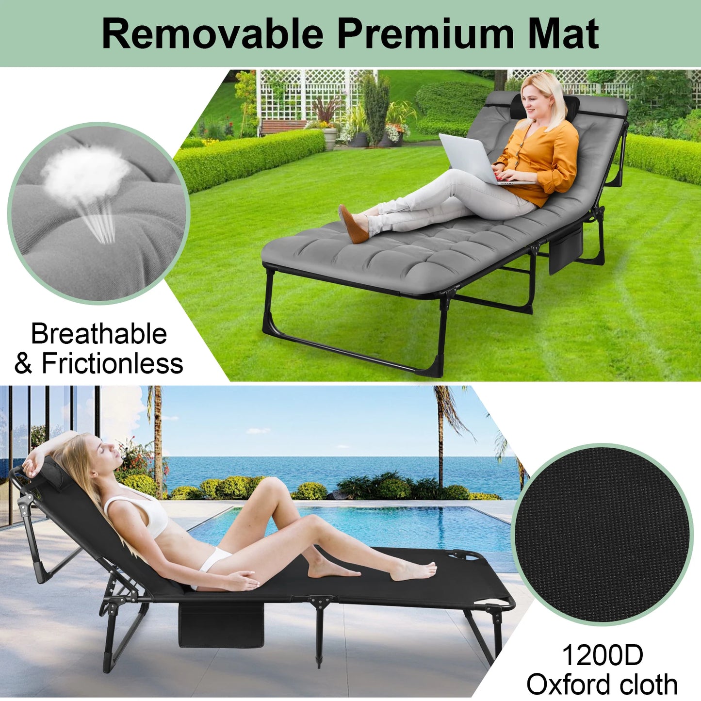 Portable Folding Camping Cot 3Position Adjustable Lounge Chair Outdoor Bed