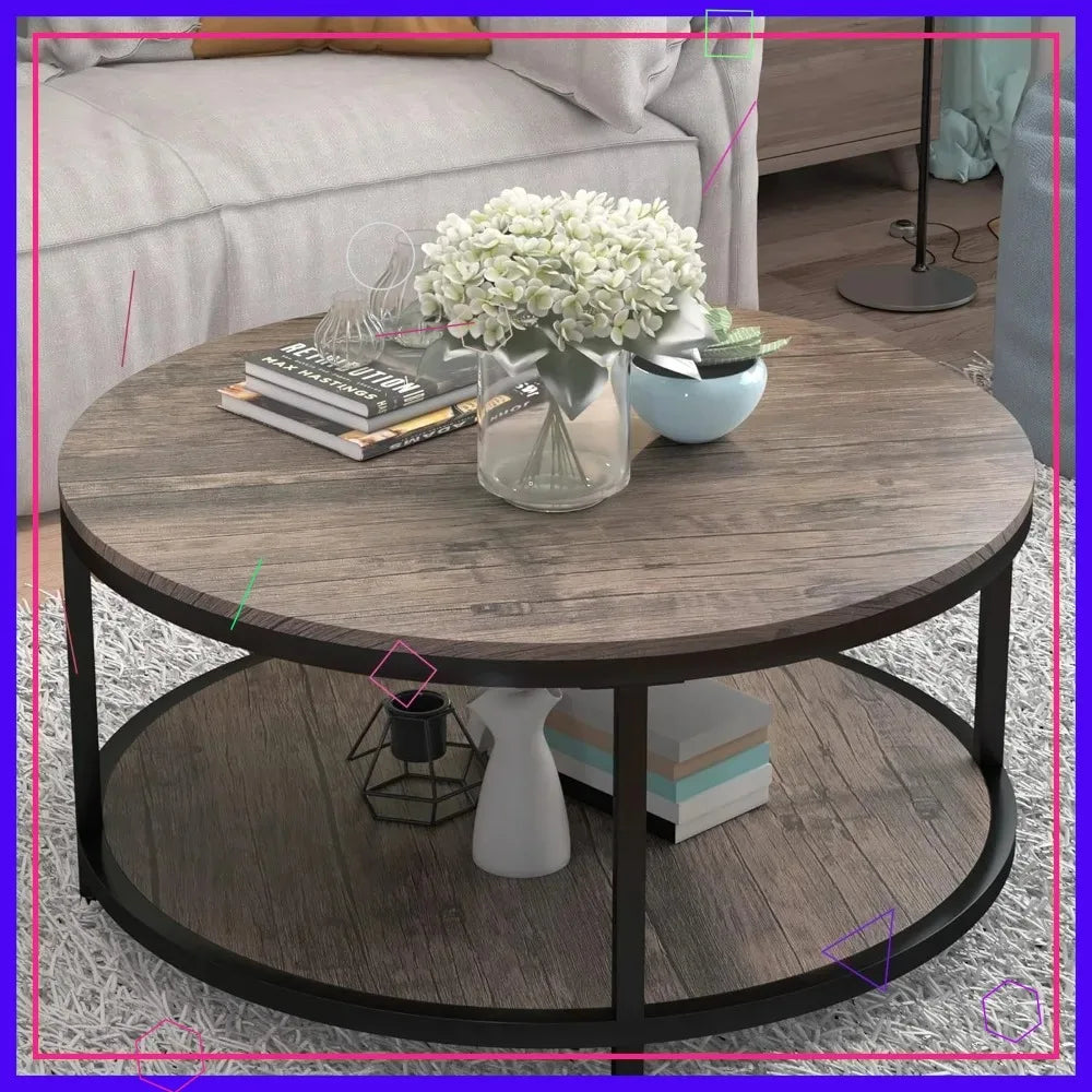 Round Coffee Table With Storage Shelf Wood Top Metal Legs