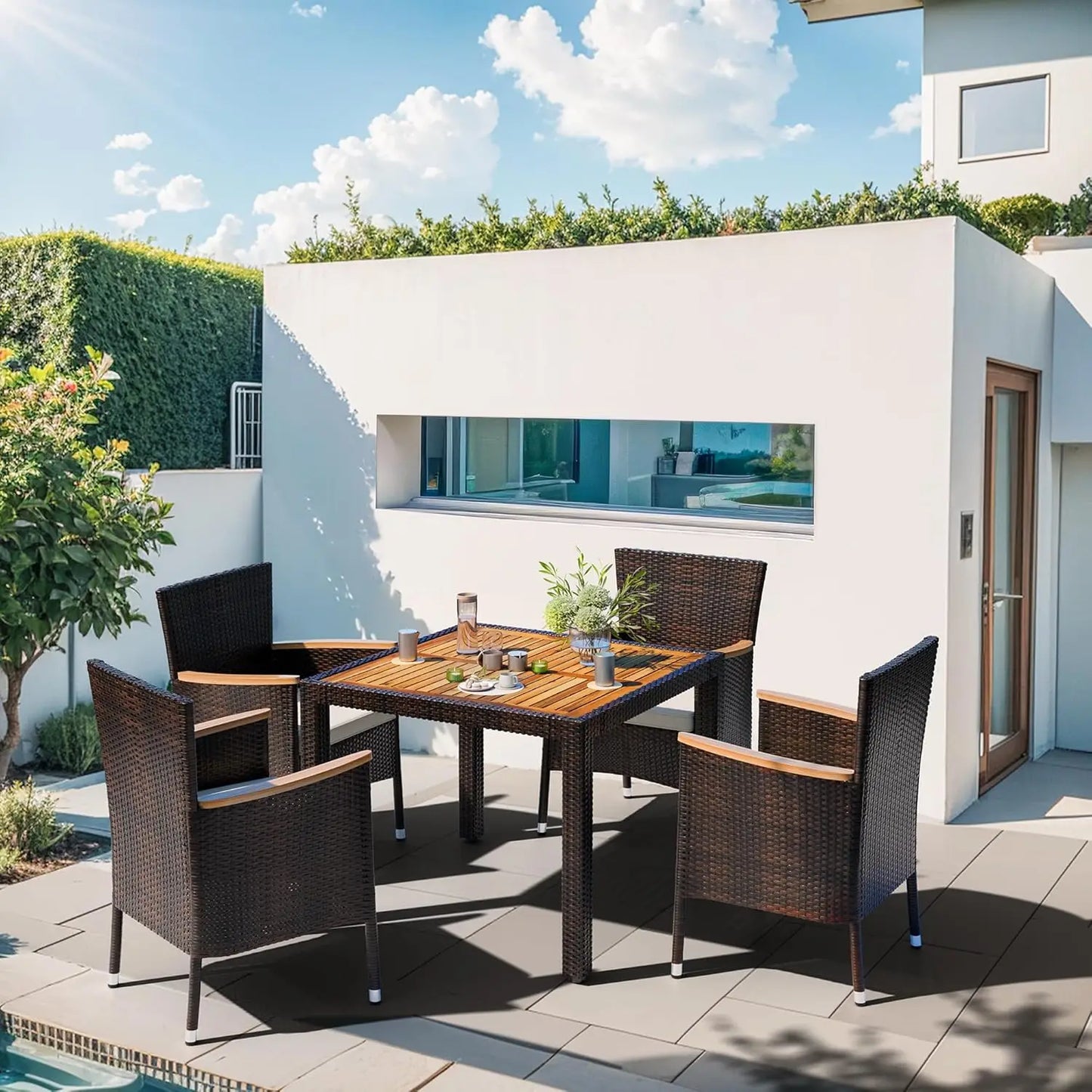 Patio Dining Set With Wicker Chairs And Wood Table