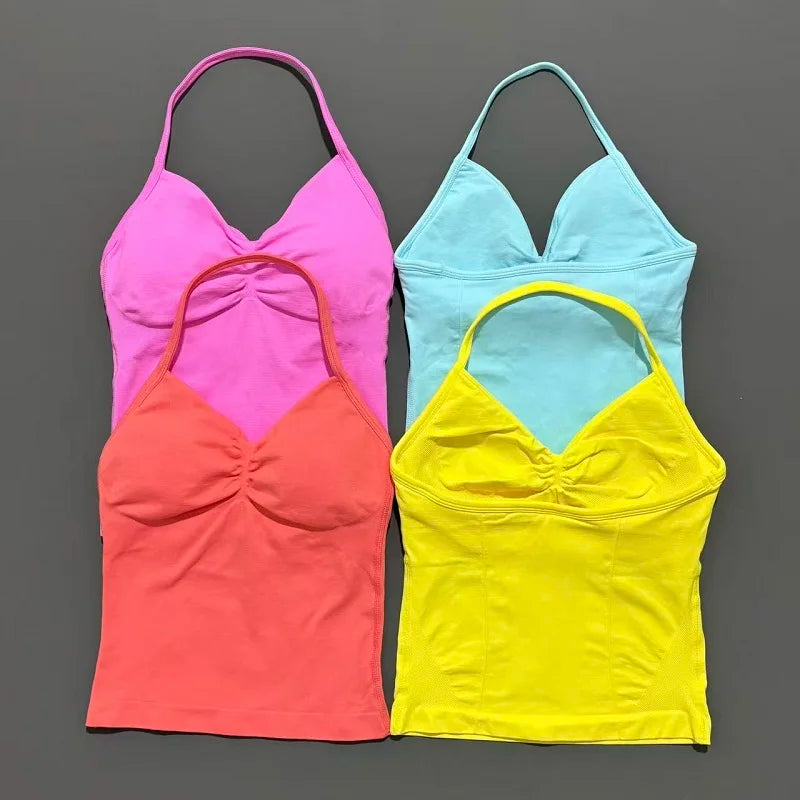 Women Gym Halter Top Longline Strappy Yoga Tank Removable Cups
