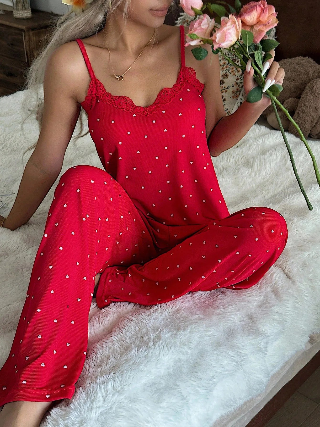 Women's Heart Print Lace Trim Camisole Pajama Set Comfort
