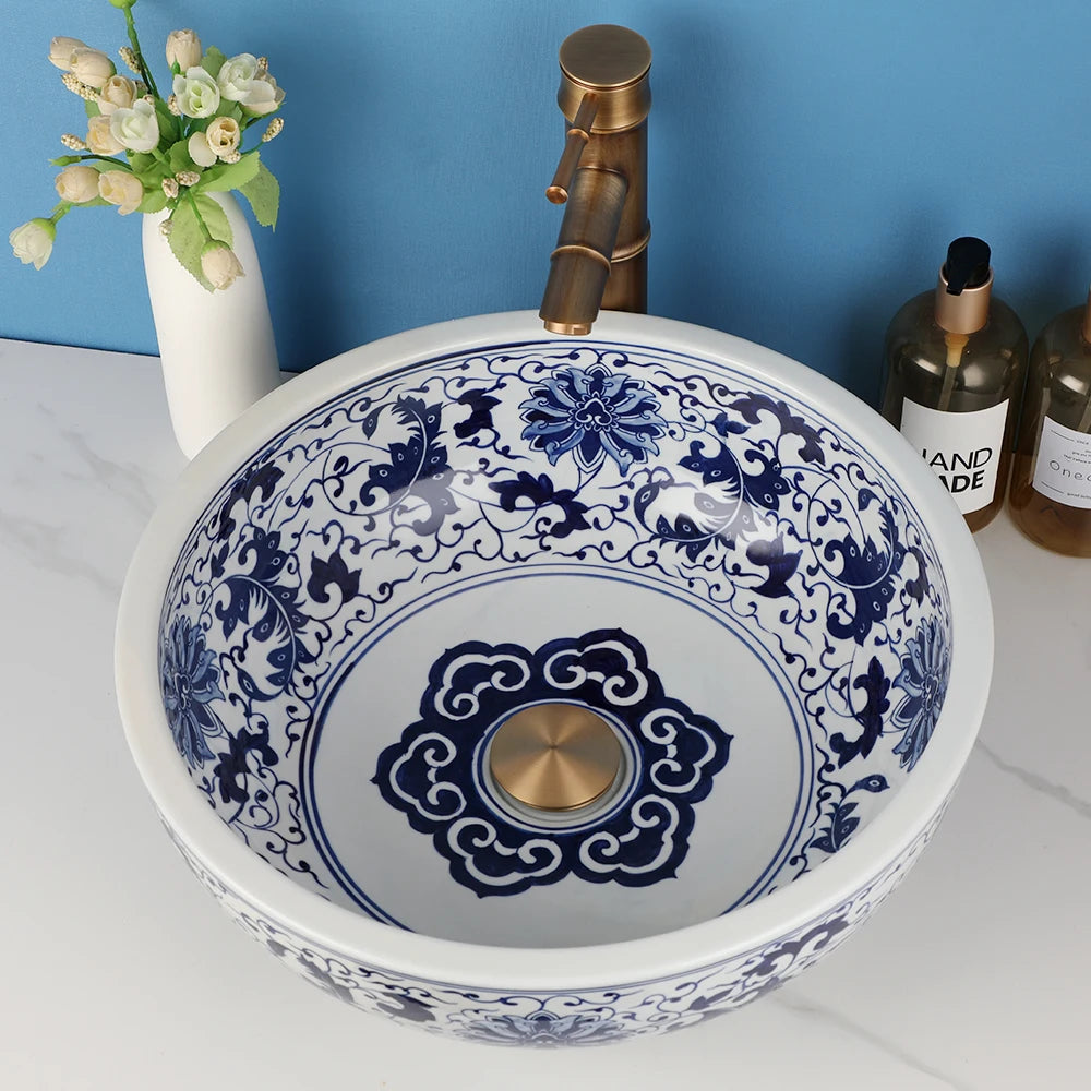 Torayvino Ceramic Bathroom Vessel Sink Faucet Combo Round Washbasin