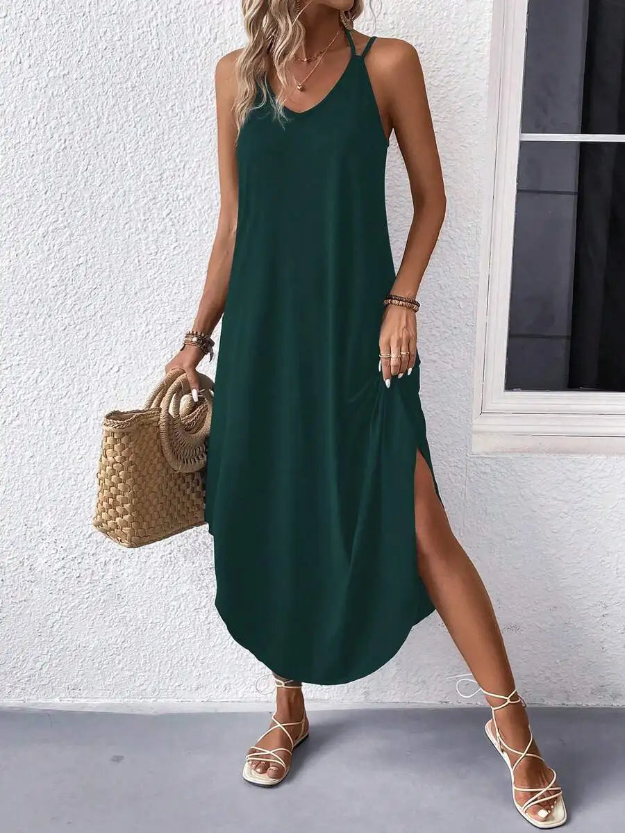 Sleeveless V Neck Maxi Dress With Side Slit Flowy Fit Casual Summer