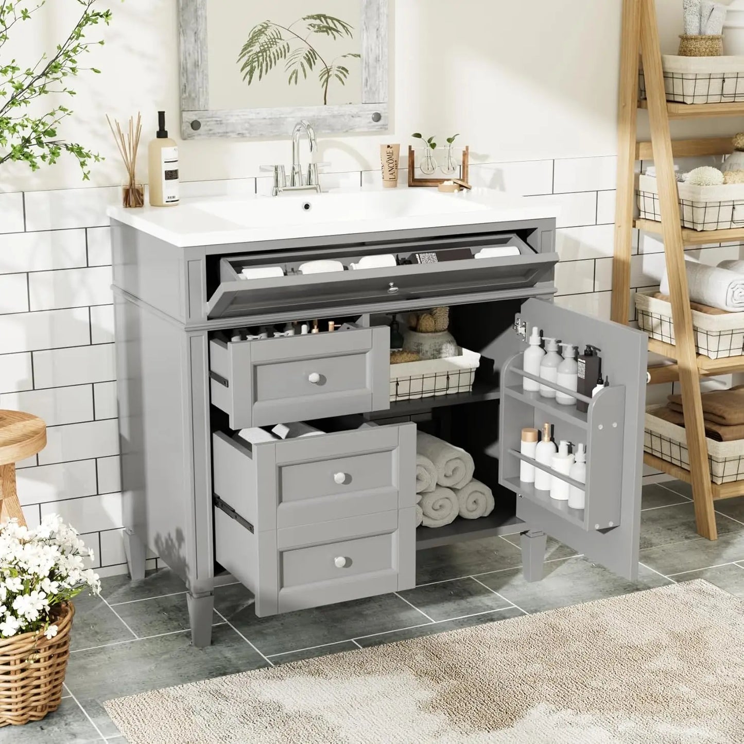 Solid Wood Bathroom Vanity With Soft-Close Doors And Undermount Sink