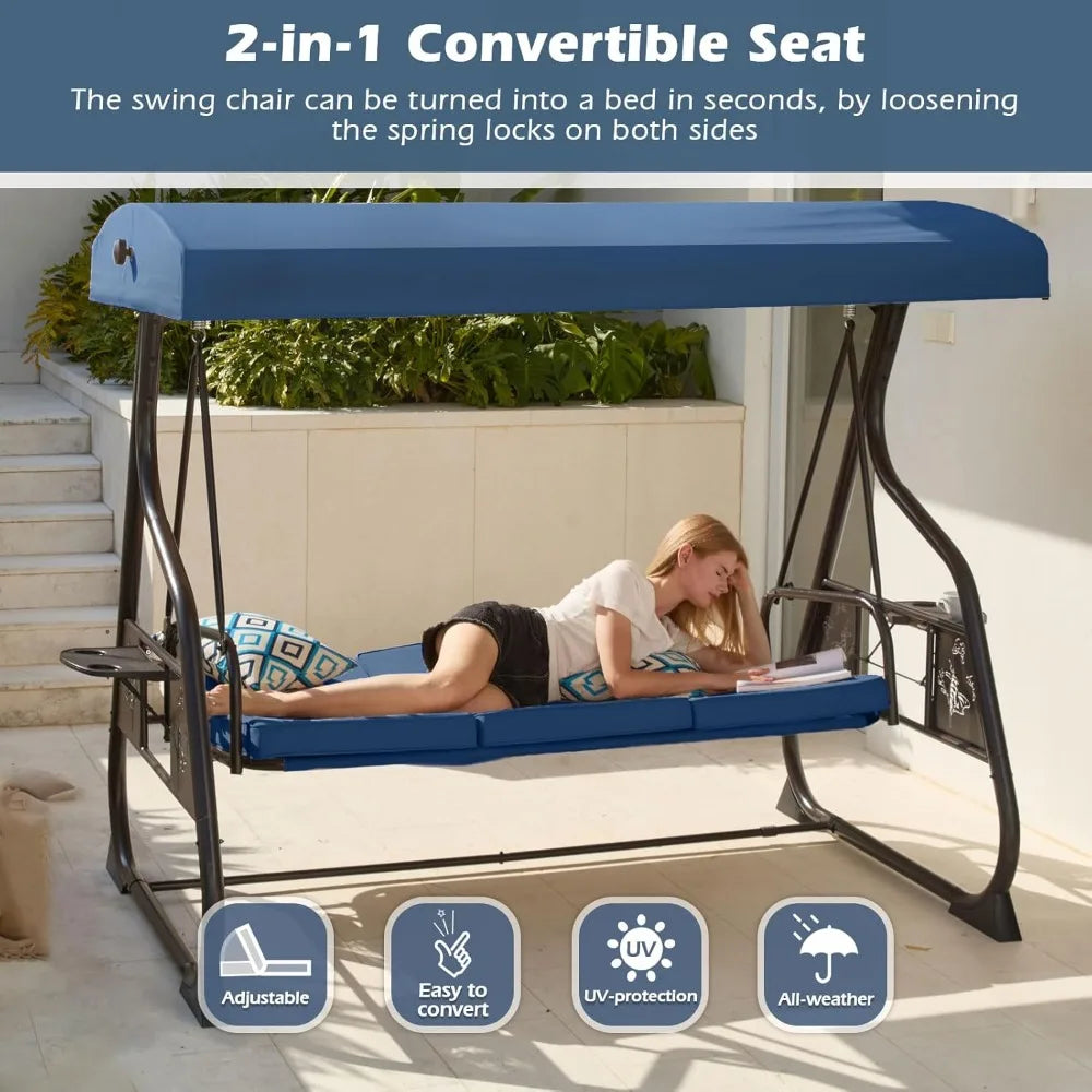 Color 3 Seat Outdoor Patio Swing With Canopy And Stand