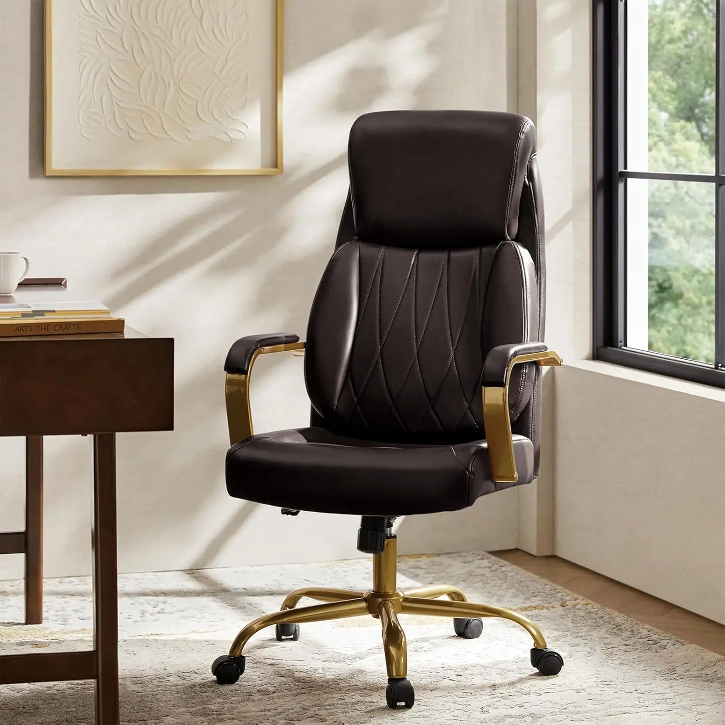 HUANZHUANG Executive Office Chair With Adjustable Lumbar Support Leather Ergonomic Chair Padded Armrests Tilt