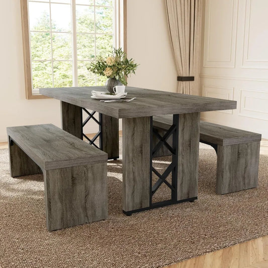 Angduo 3 Piece Dining Table Set Rectangular Table Benches