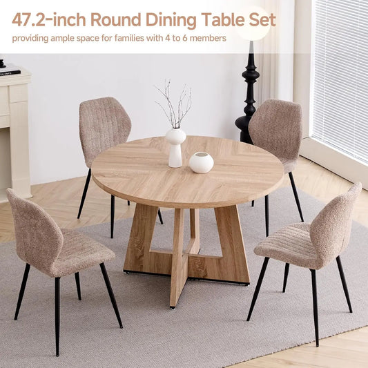 Round Mid-Century Dining Table Set With Metal Legs And Chairs