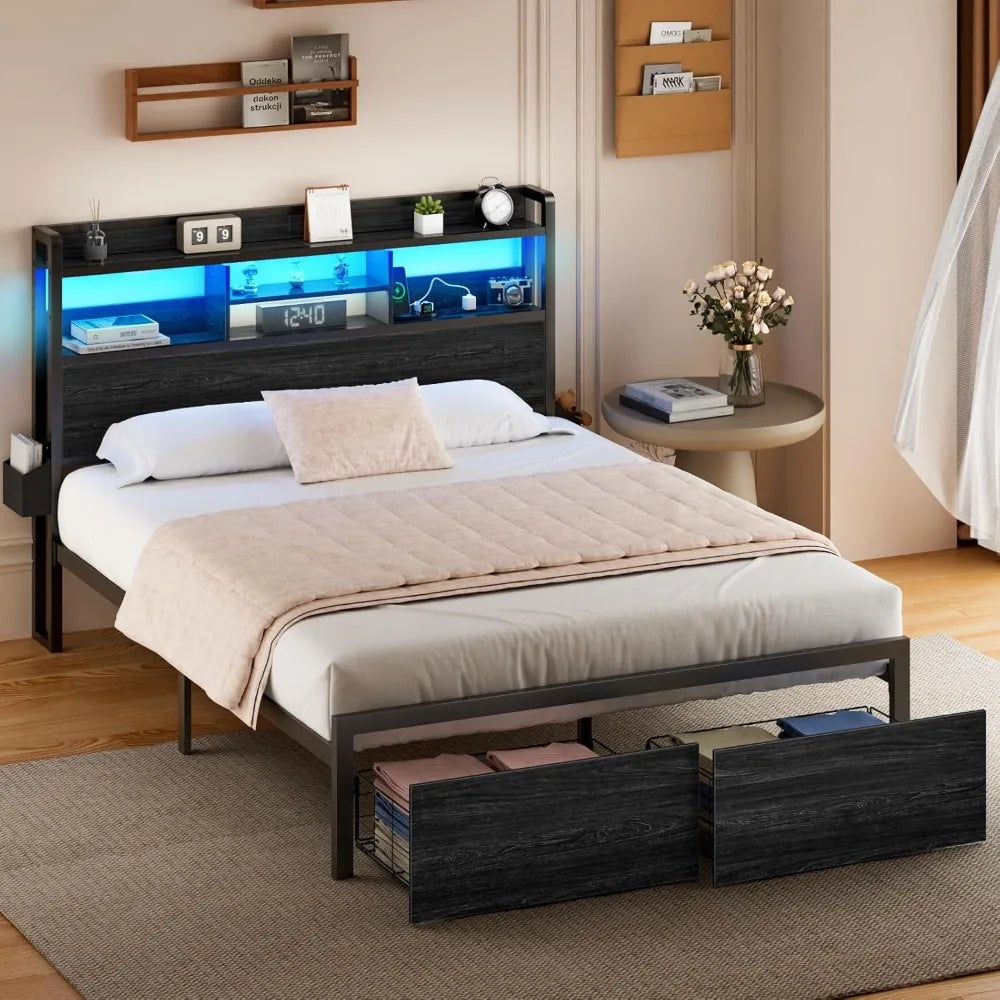 ANGDUO Bed Frame With Wood Headboard Storage Drawers