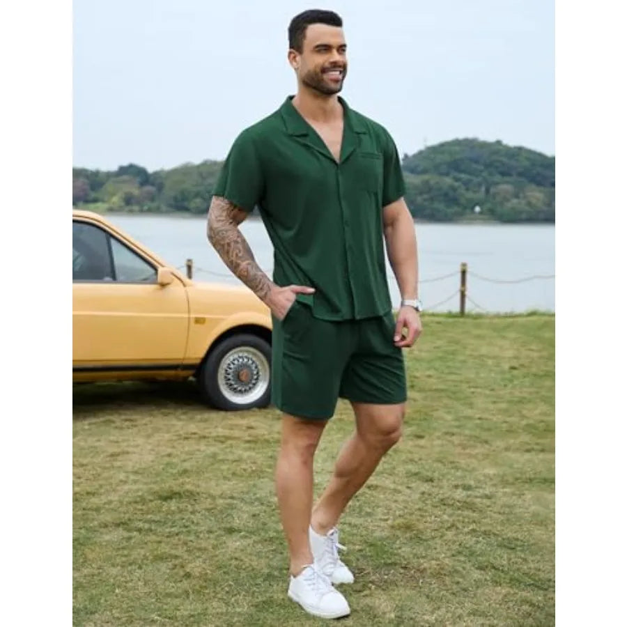 Marvmys Men Pajama Set Polyester Sleepwear Short Sleeve Pajamas