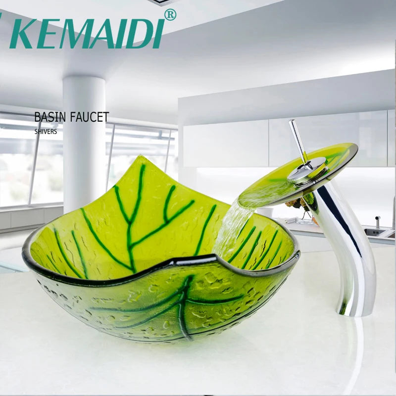 YANKSMART Green Leaf Vessel Sink And Faucet Set Tempered Glass