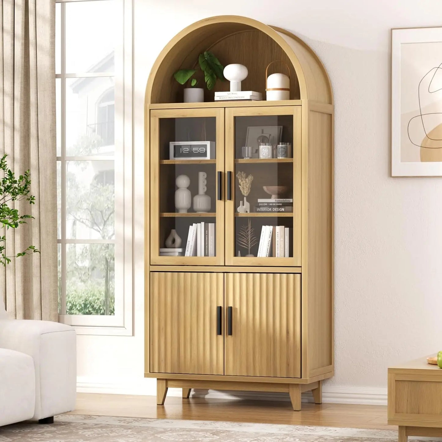 XMSJ Arched Fluted Door Cabinet With Tempered Glass