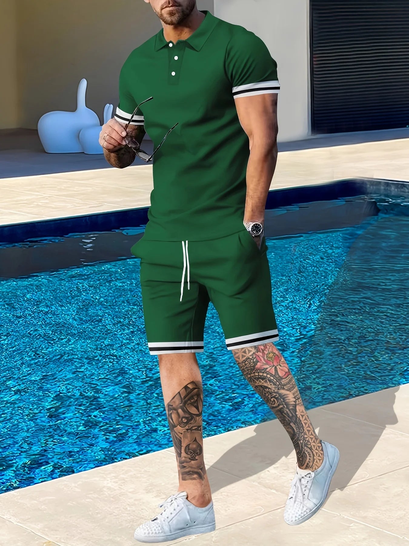 NONECN Men's Summer Short Sleeve Polo And Shorts Two-Piece Set