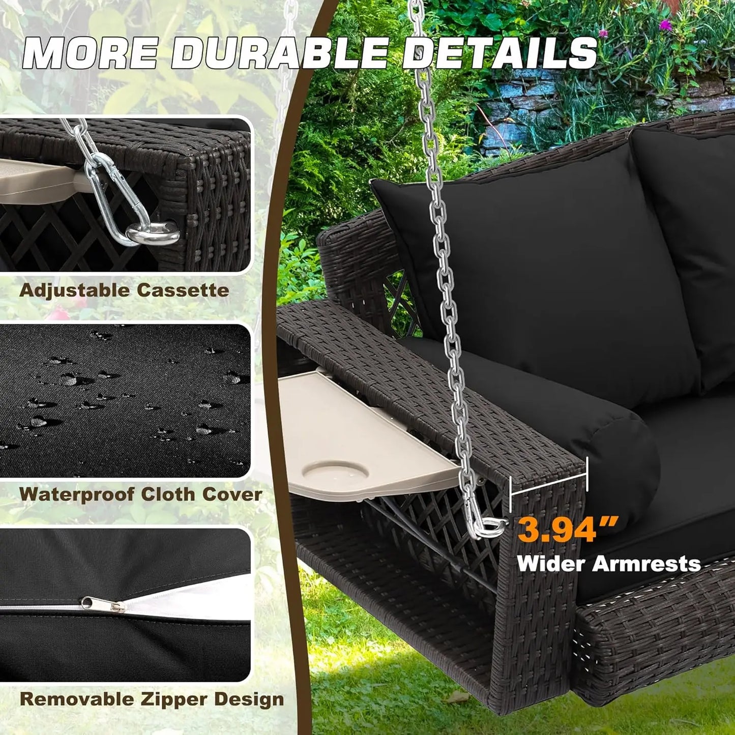 ZHENDAI Wicker Hanging Porch Swing Outdoor Patio Bench