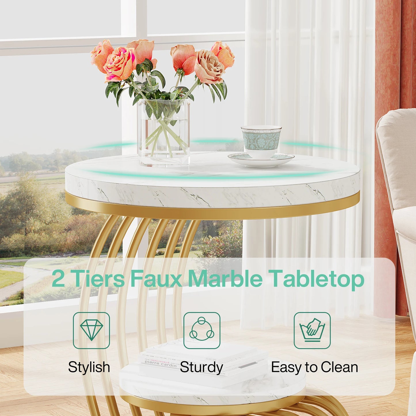 Tribesigns Gold Round End Table With Two Tiers Faux Marble