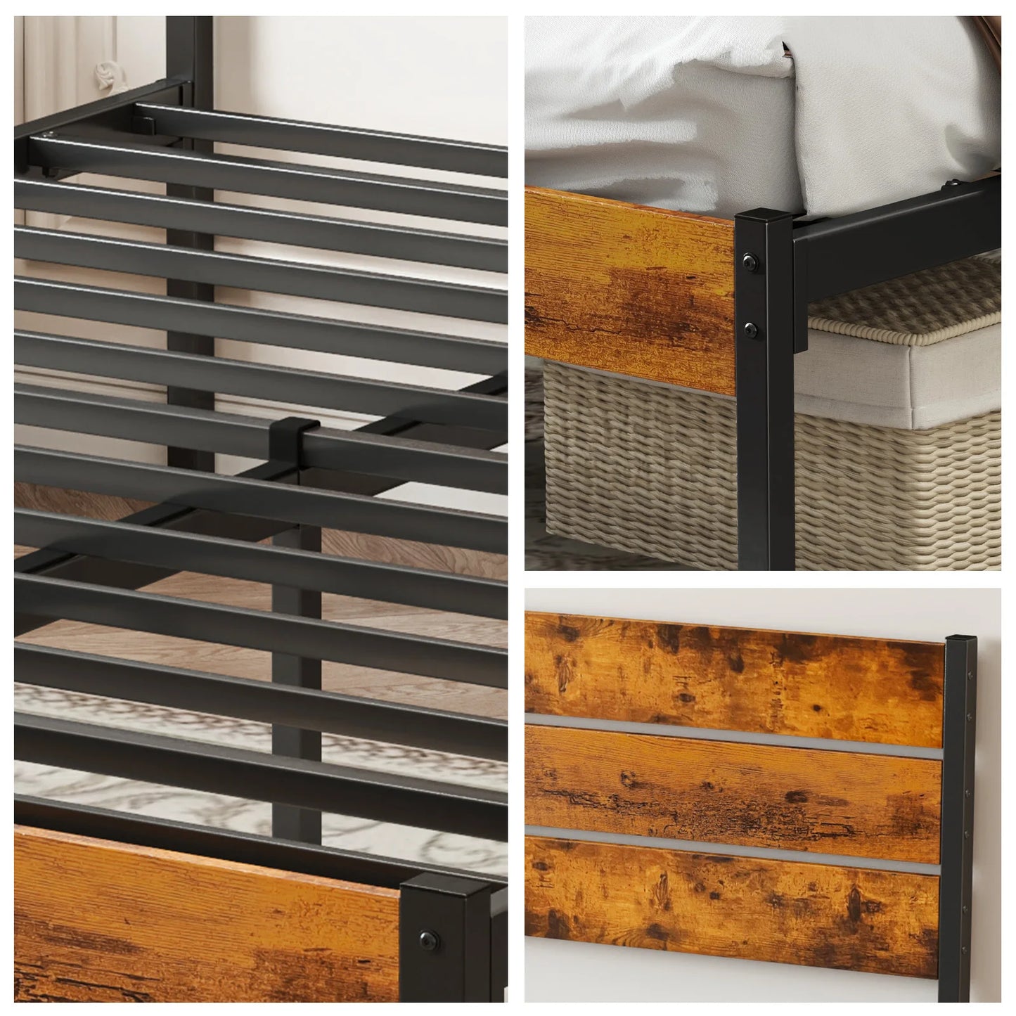 JHK Metal Platform Bed Frame With Headboard And Wooden Slats
