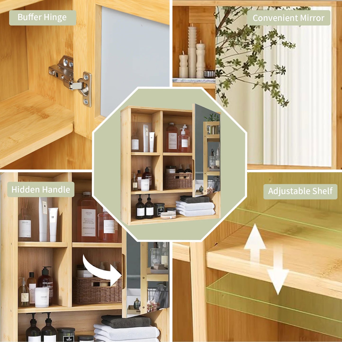 Wisfor Bamboo Bathroom Wall Cabinet With Mirror Medicine Storage Shelves