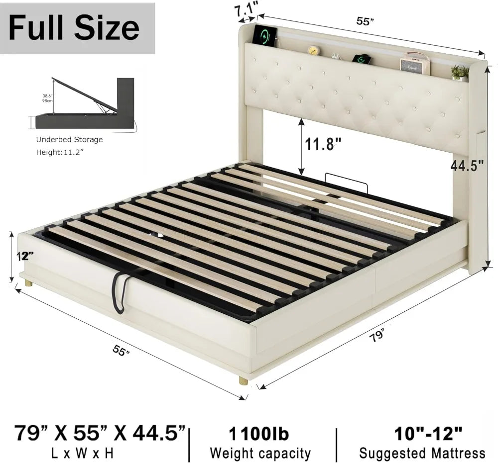 Lift Up Storage Bed With LED Lights And Charging Station