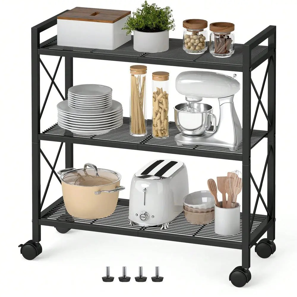Three Tier Metal Storage Rack With Wheels Mesh Shelving Unit