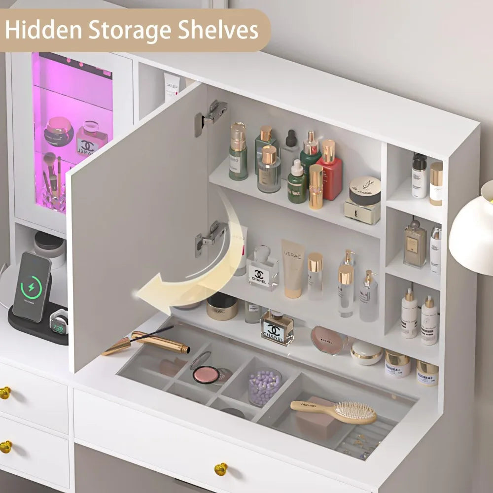 HUANZHUANG Makeup Vanity Desk With Mirror Lights Glass Top