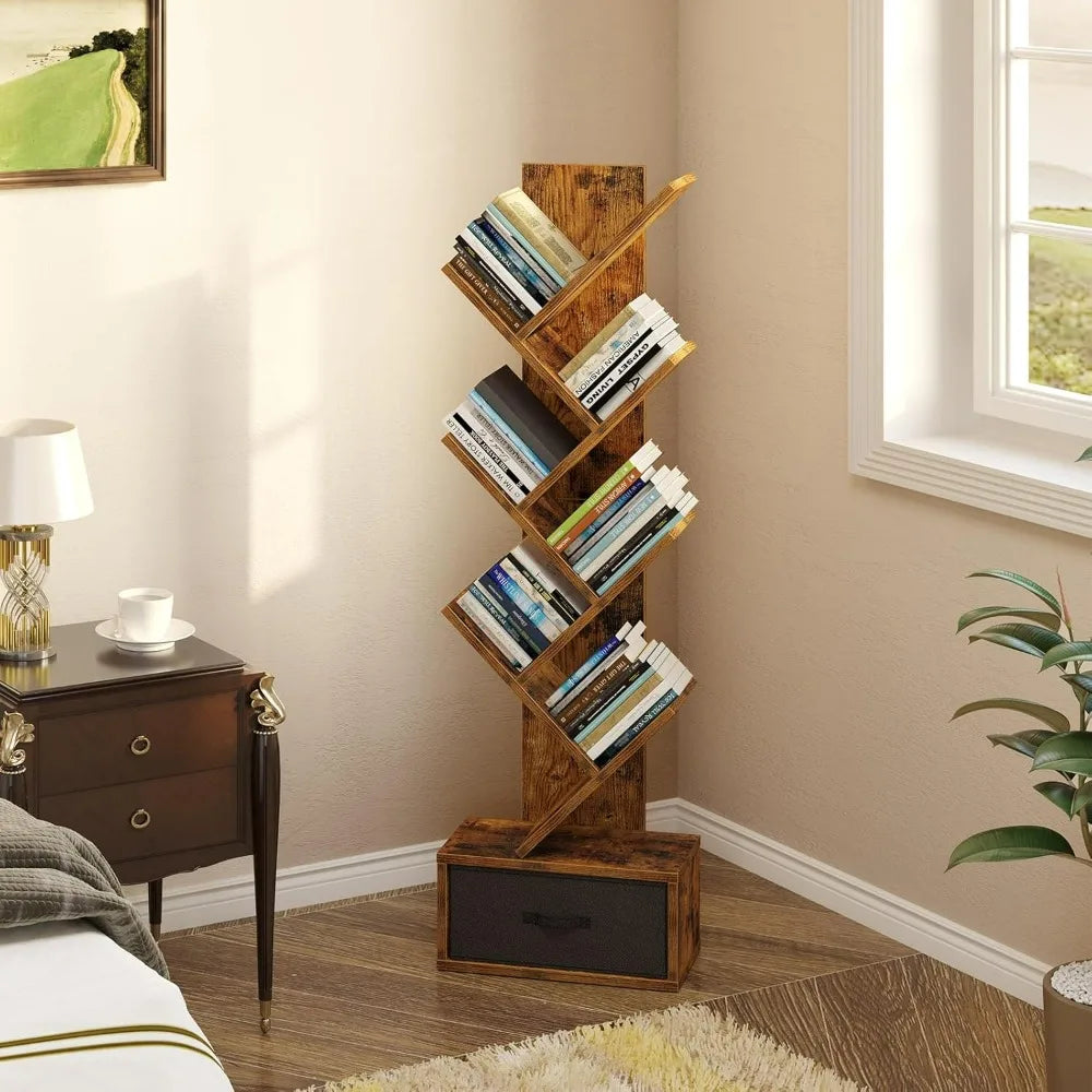 Rolanstar 7 Tier Tree Bookshelf Drawer Storage Rack Living Room