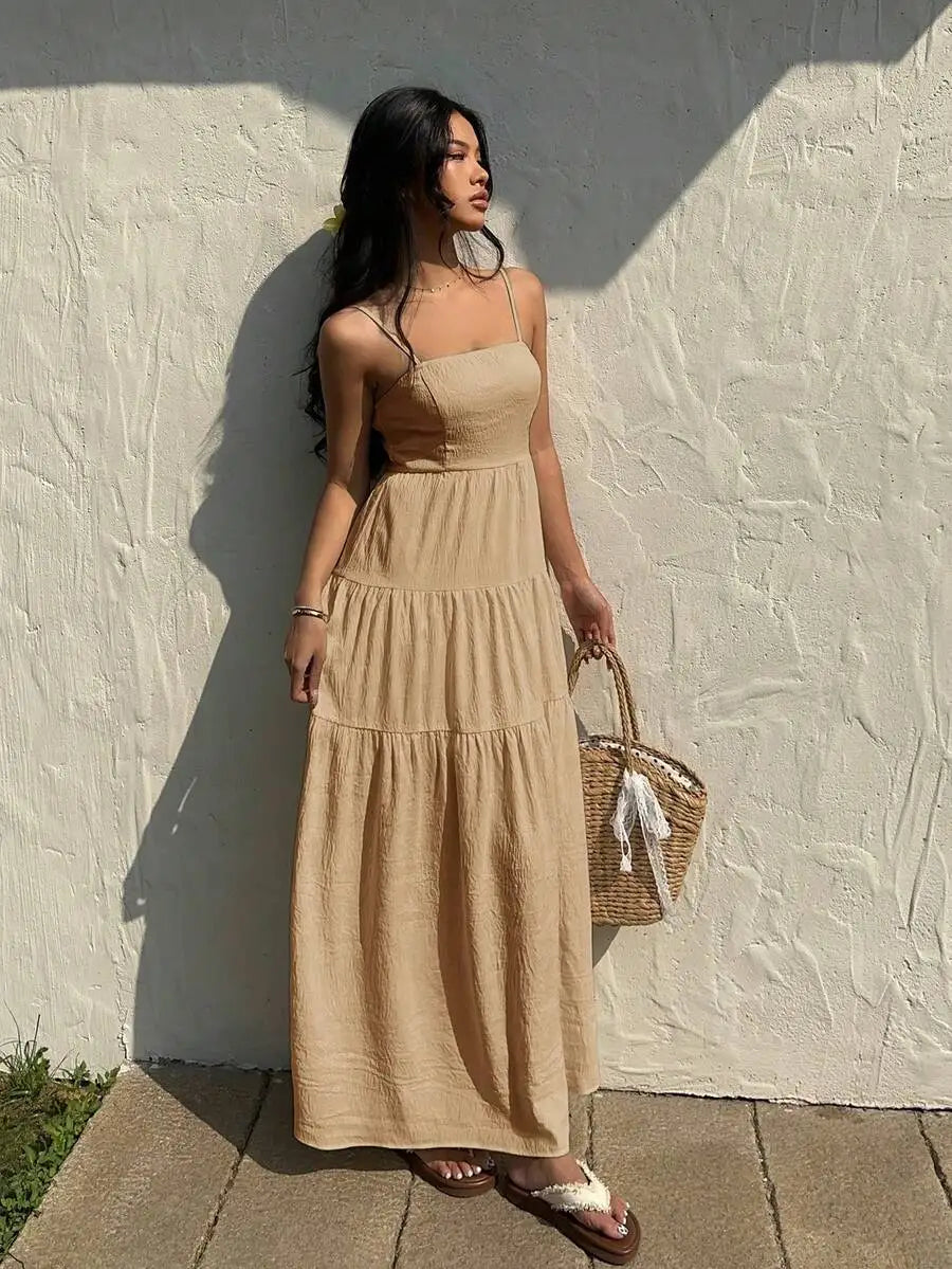Textured Tiered Camisole Maxi Dress With Adjustable Straps