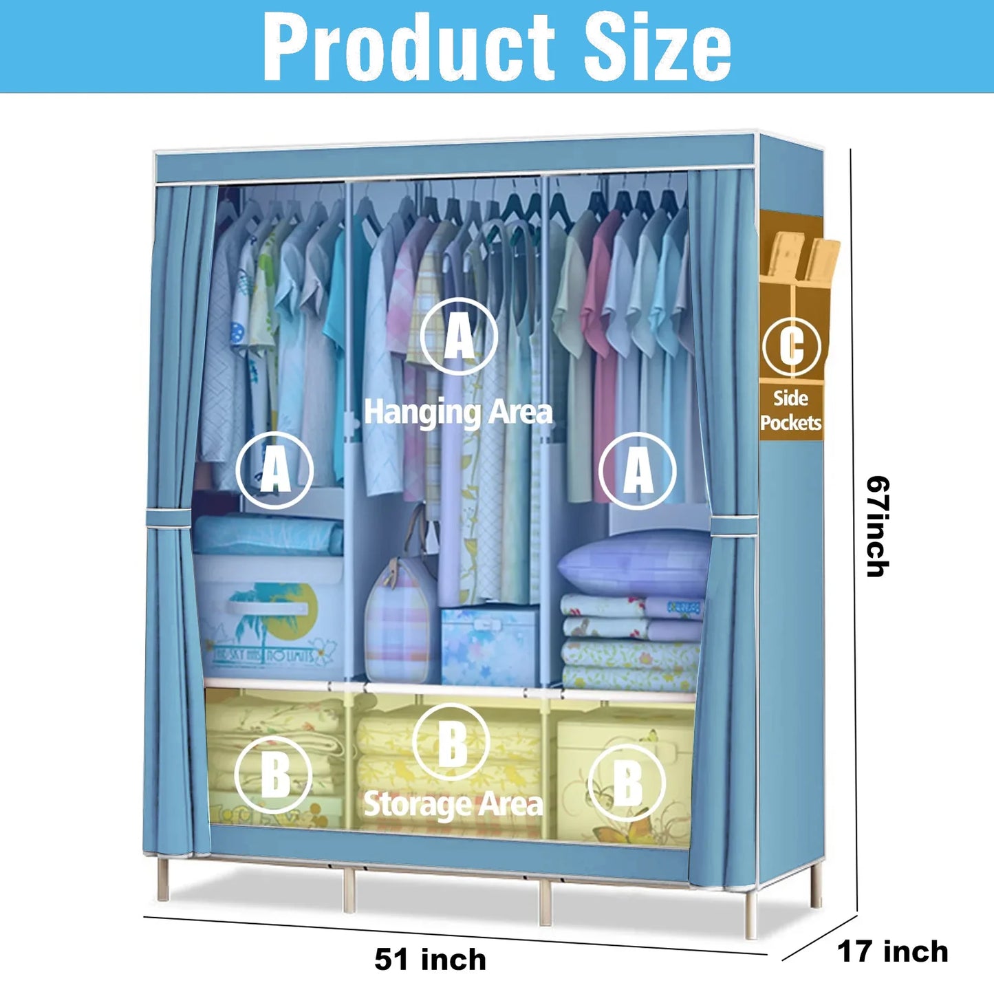 Portable Closet Wardrobe With Metal Frame And Nonwoven Fabric Cover